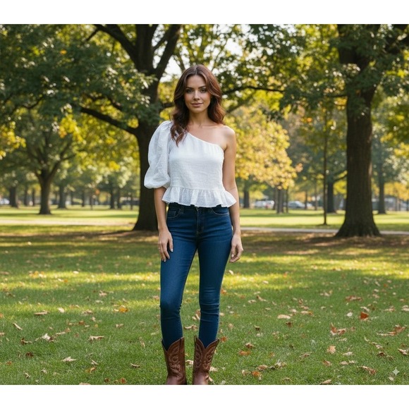 One Shoulder Puff Sleeve Top Size Small White Linen Blend Peplum Ruffle Boho - Picture 1 of 10